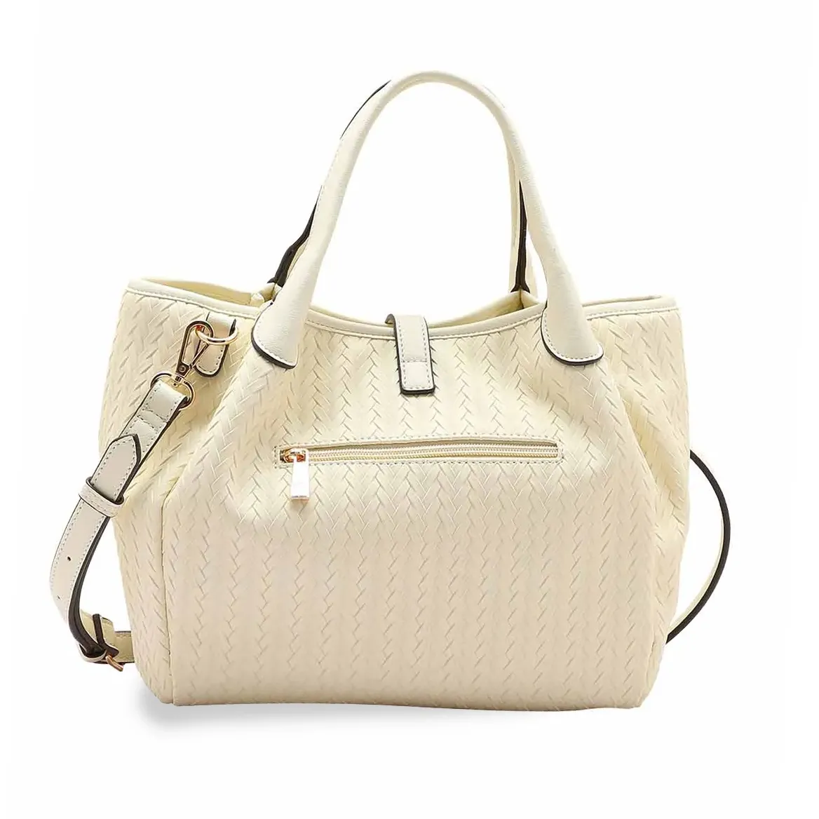 Bolsa Chenson bege vista lateral com alça transversal removível e bolso externo com zíper.